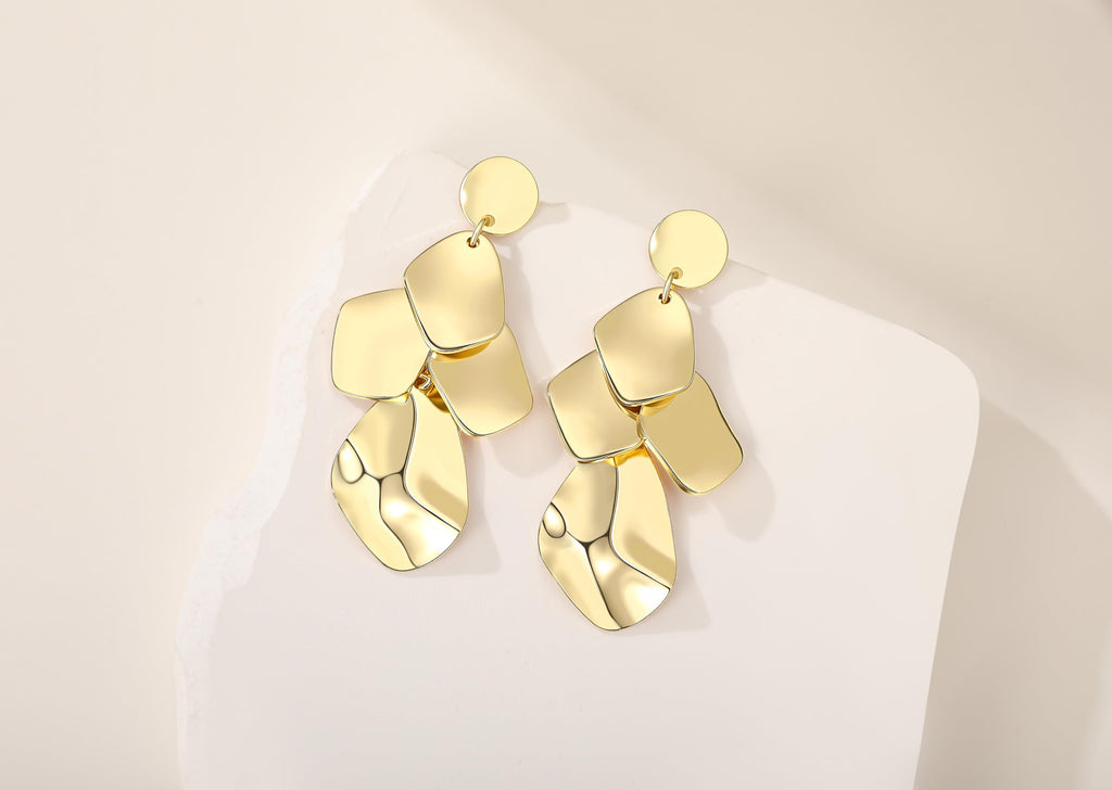 Sylph 18K Gold Plated Dangle Earrings for Women, Bohemian Chandelier Earring Stud, Lightweight Teardrop Hammered Drop Earrings Boho Jewelry for Party