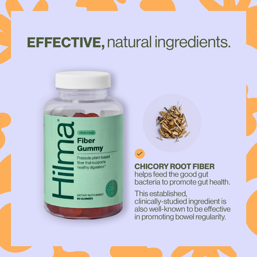 Hilma Prebiotic Fiber Gummies, Daily Fiber Supplement, Gummies for Adults, Supports Gut Health for Women and Promotes Regularity, Citrus Natural Flavor, FSA Eligible, 60 Count