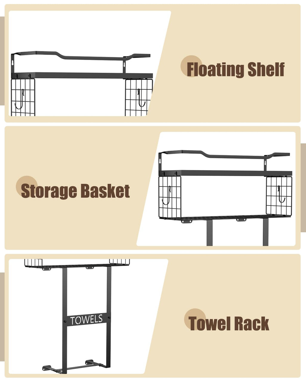 Wall Mounted Towel Rack for Bathroom - Bath Storage Holder Set Above Toilet, Rolled Towel Shelf Organizer, Wood Vertical Rack for Small Bathroom Decor, Black