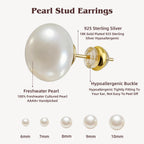 Natural Freshwater Cultured Pearl Stud Earrings for Women, 8mm AAAA+ Handpicked, 925 Sterling Silver 18k Gold Plated Hypoallergenic Jewelry