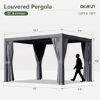 Aoxun Louvered Pergola 10x12 All-Aluminum Outdoor Gazebo with Independent Adjustable Roofs, Waterproof Curtains and Netting, Integrated Drainage System for Patios & Backyard