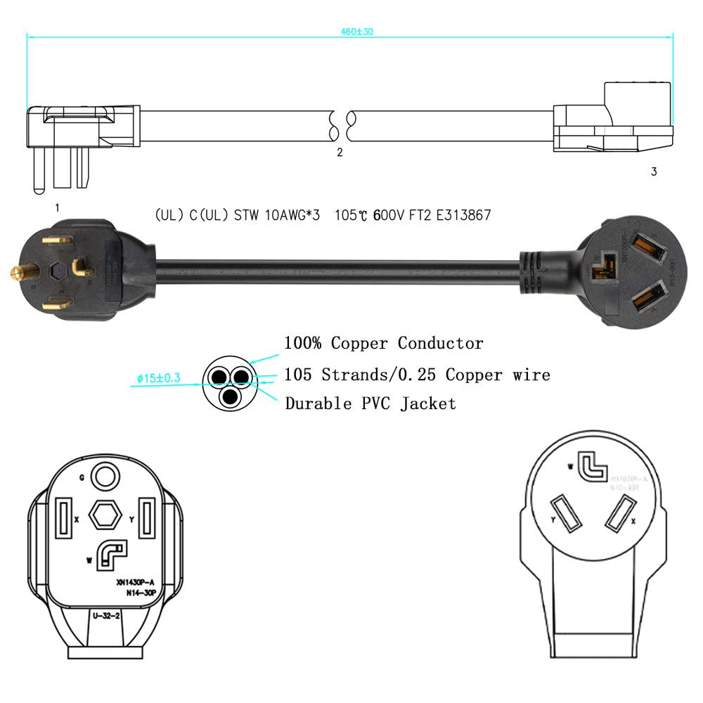 1.5FT 3 Prong to 4 Prong Dryer Adapter, 4 Prong to 3 Prong Dryer Adapter, NEMA 14-30P Male to 10-30R Female, Dryer Cord Adapter 4 to 3 Prong, STW 10AWG, 30A, 250V