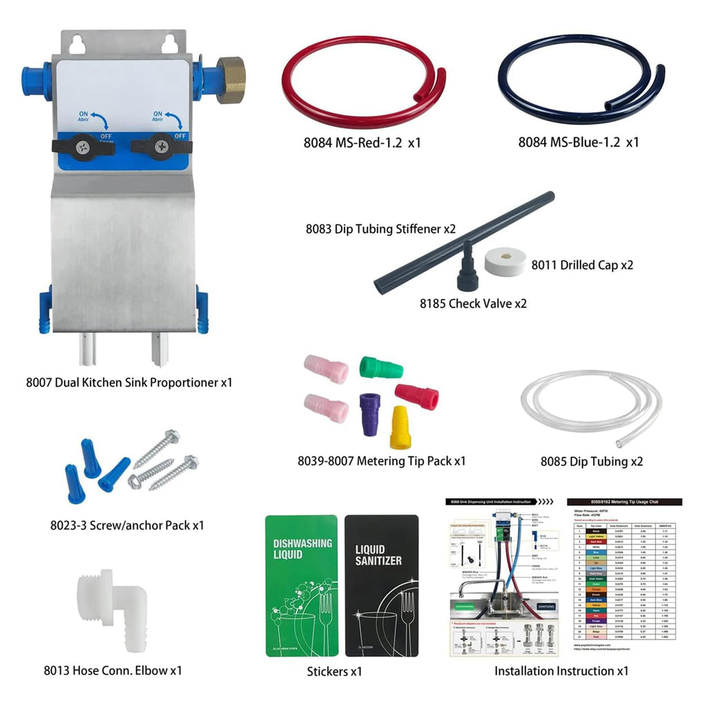 Dual Kitchen Sink Proportioner, Dish Detergent and Liquid Sanitizer Dispenser, Chemical Dispensing System, Precision Chemical Dilution, 8088