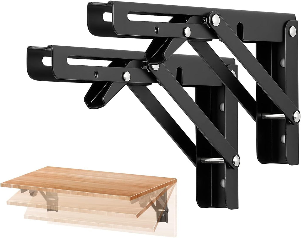 Ravinte 6 Pack 8 Inch Folding Shelf Brackets – Matte Black, Heavy Duty Collapsible Brackets for Tables and Benches – Space-Saving Design
