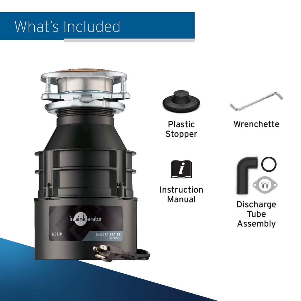 InSinkErator Badger 1 Garbage Disposal with Power Cord, Badger Series 1/3 HP Continuous Feed Food Waste Disposer