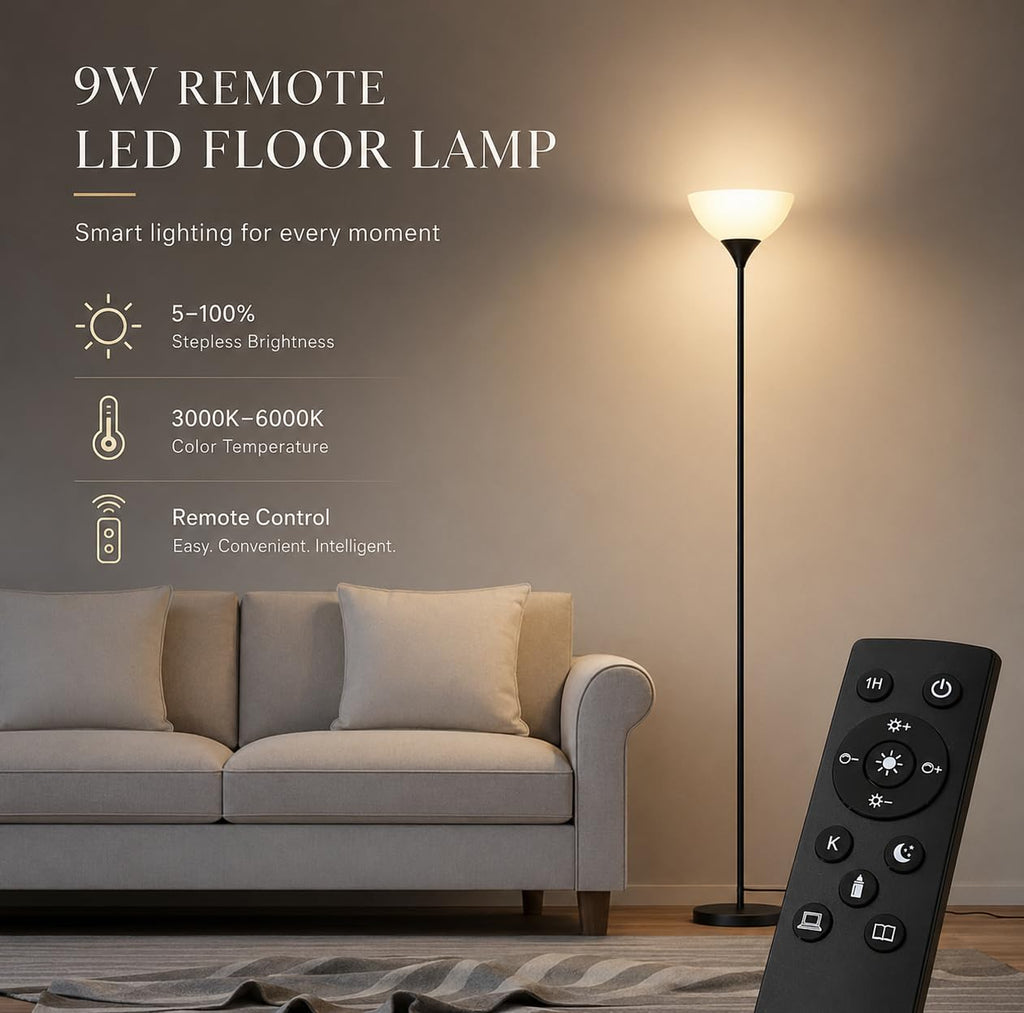 PESRAE Floor Lamp, Remote Control with Stepless Color Temperatures and Brightness, Torchiere lamp for Bedroom, Living Room, Bulb Included (Matte Black)