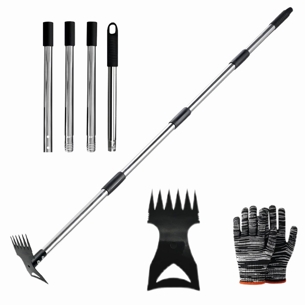Weed Puller Tool 58" Telescoping, 2-in-1 Adjustable Manual Weeders Garden Hoe & Weed Rake, Long Handle Ergonomic Weeding Tool for Lawn, Garden & Yard Includes Work Gloves