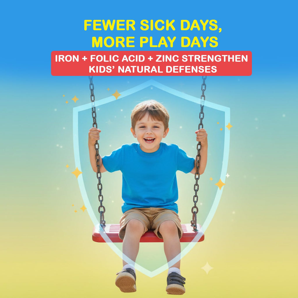 HealthBest Liquid Iron Syrup for Kids – Triple Action with Folic Acid and Zinc – Boosts Hemoglobin, Appetite, and Immunity – No Metallic Taste – 200ml Liquid Supplement, Safe & Effective