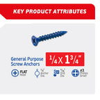 FixMaster 1/4 x 1-3/4" Countersunk Phillips Flat Head Blue Concrete Screw Anchors (100 pcs Screw Kit) with one Screwdriver and Drill Bit for Concrete, Masonry, Block, Brick and Wood Fastening
