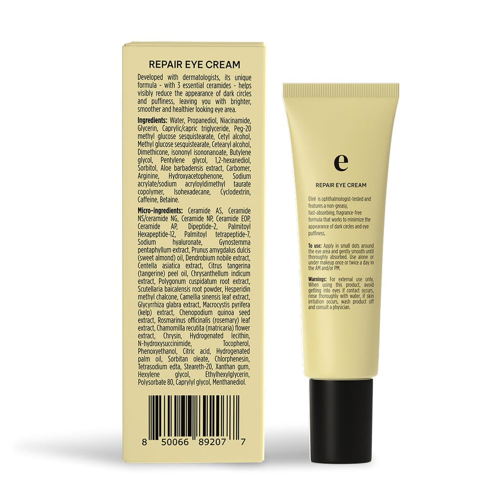 Eliré Repair Eye Cream - Restores and Strengthens Delicate Under-Eye Skin - With Ceramides and Caffeine - Reduces Fine Lines, Wrinkles and Puffiness - Fast-Absorbing - Dermatologist-Tested - 15ml