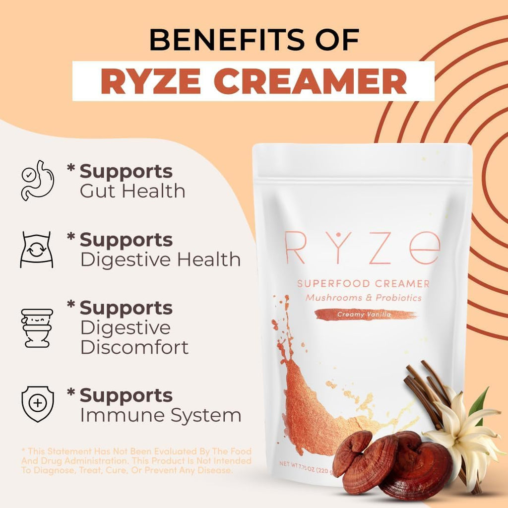 RYZE SUPERFOODS Dark Roast RYZE n Shine Bundle, Instant Mushroom Coffee + Probiotic Coffee Creamer with 6 Adaptogenic Mushrooms, Prebiotic+Probiotic Blends, Energy Focus Digestion Immunity, 30 sv each