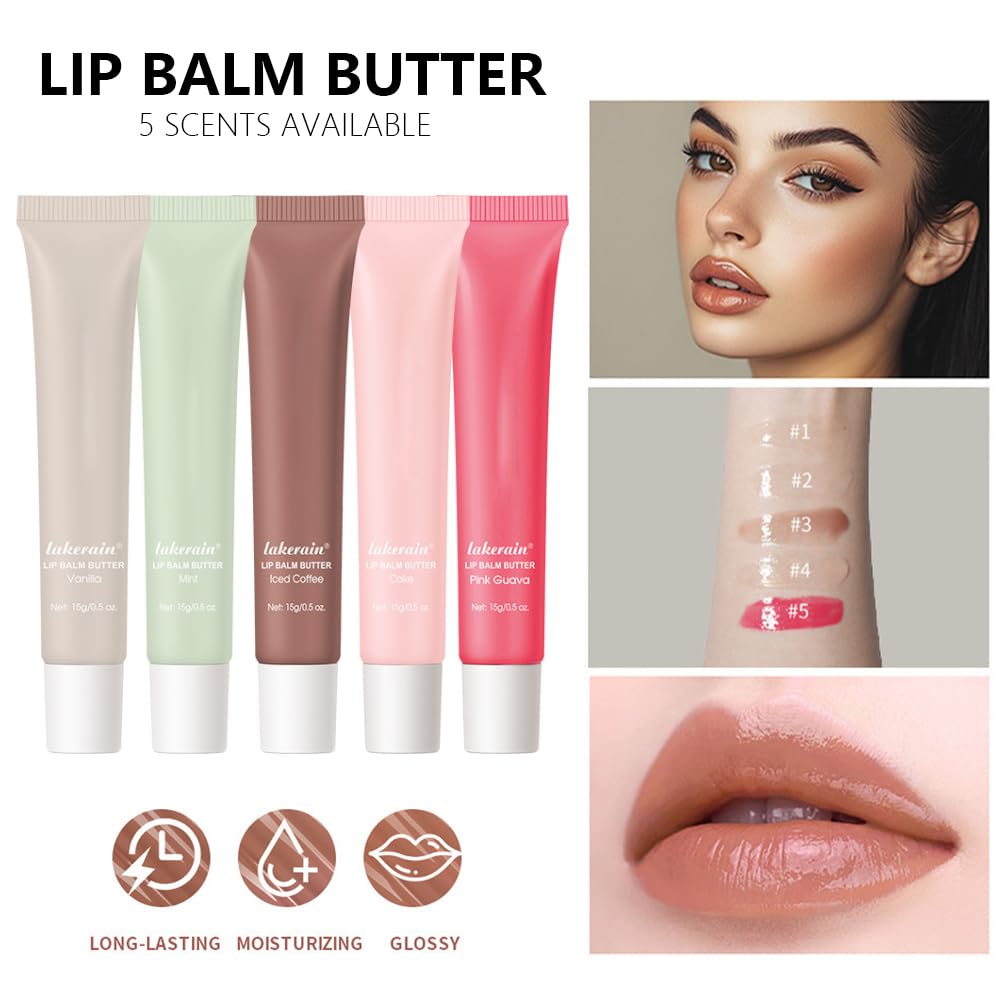 5Pcs Summer Lip Butter Lip Balm, Ultra-Hydrating Natural Vegan Lip Balm, Sheer-Tinted Shine & Hydration Lip Care, Soothes & Softens Dry Lips Skincare, Bálsamo labial hidratante