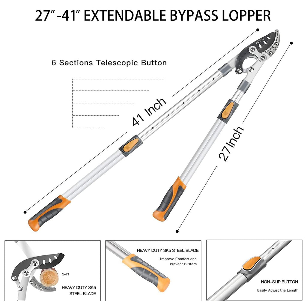 AIRAJ Telescoping Anvil Loppers, Heavy Duty Branch Cutter Tree Trimmer with SK5 Steel Spare Blade, 27-41''Adjustable Aluminum Handle, Labor-Saving Garden Tools for Cutting Thick Branches Up to 2 Inch