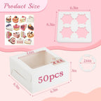 OAMCEG 50 Pack Cupcake Boxes with Window 6x6x3 Inches Cookie Boxes, Bakery Treat Boxes for Pastry, Desserts, Chocolate Strawberries, Cupcake Containers, Gift Giving with Stickers & Twine （White）
