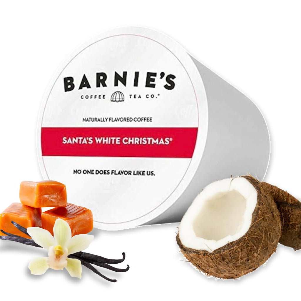 Barnie's Coffee Santa's White Christmas Single Serve Coffee Pods with Coconut, Vanilla, and Caramel Flavors, Medium Roast Arabica Coffee Beans Compatible with Keurig Brewers, 48 Count