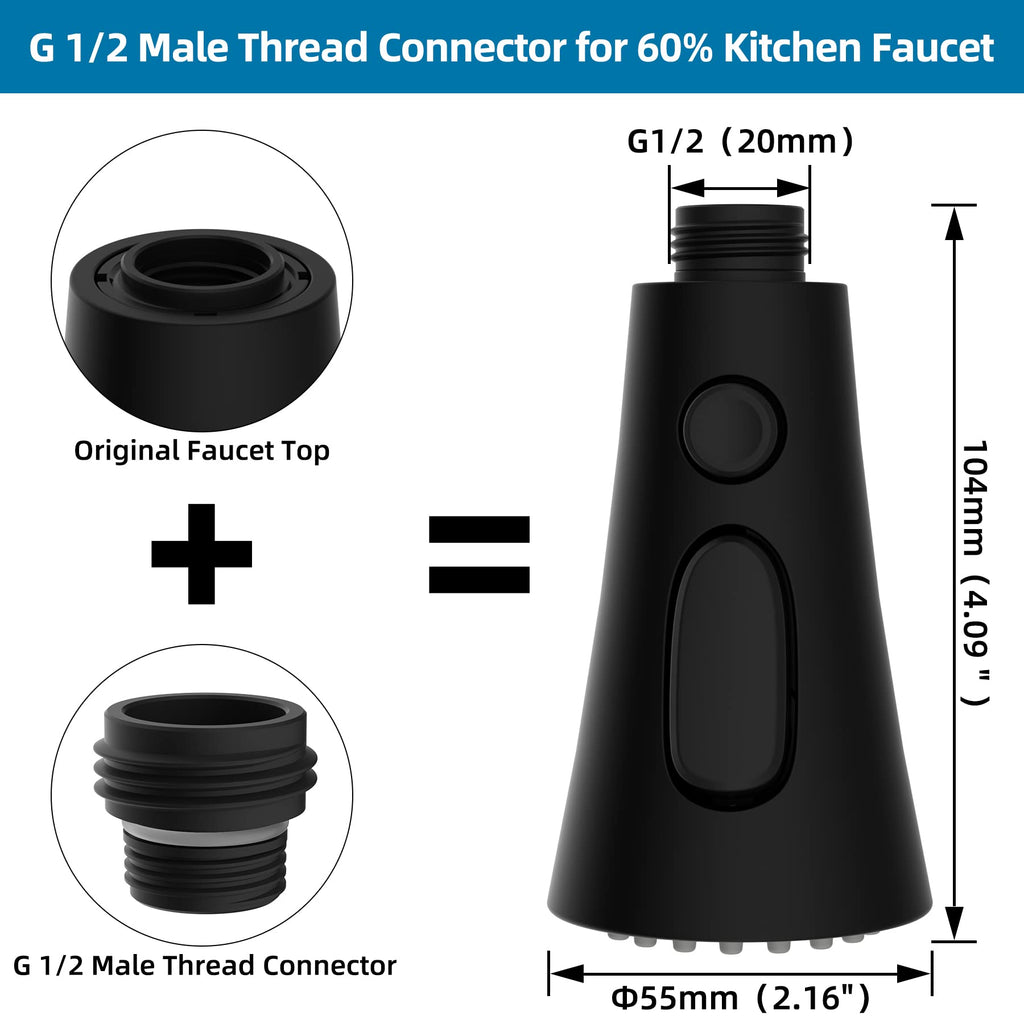 Kitchen Faucet Head Replacement, Pull Down Kitchen Faucet Sprayer Head with 9 Adapter Kit, 3 Function Kitchen Sink Faucet Spray Head, Matte Black Finish Kitchen Faucet Sprayer