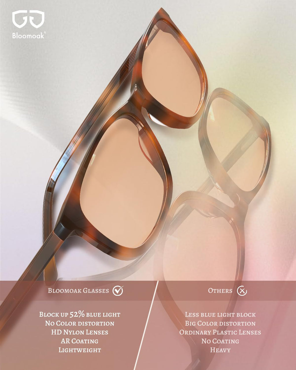 Bloomoak Rose Migraine Glasses, FL-Flex Light Sensitivity Relief Glasses for Fluorescent LED Glare, Photophobia, Eye Strain (Migraine glasses, Cinnamon Rose - 70% - Light Havana Tortoise(for Outdoor))