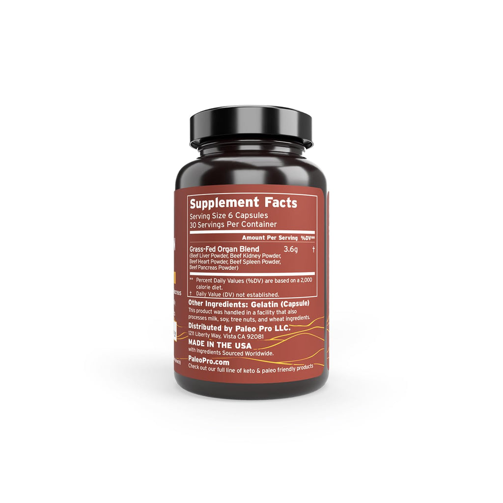 Paleo Pro O.G. Blend Premium Beef Organs Capsules, Kidney, Heart, Liver, Spleen and Pancreas from Grass Fed & Pastured Cows, Dietary Supplement, No GMO, 180 Capsules (Beef Organ Complex)