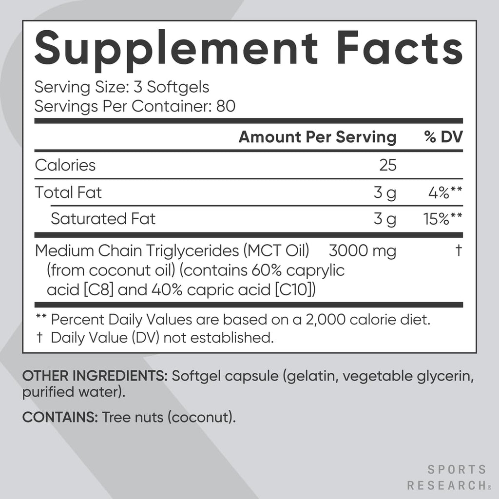 Sports Research® Coconut MCT Oil 3000mg - Keto Brain & Body Fuel - C8 + C10 MCT Oil from Coconut · Keto · Non-GMO - Gluten Free - 240 Softgels
