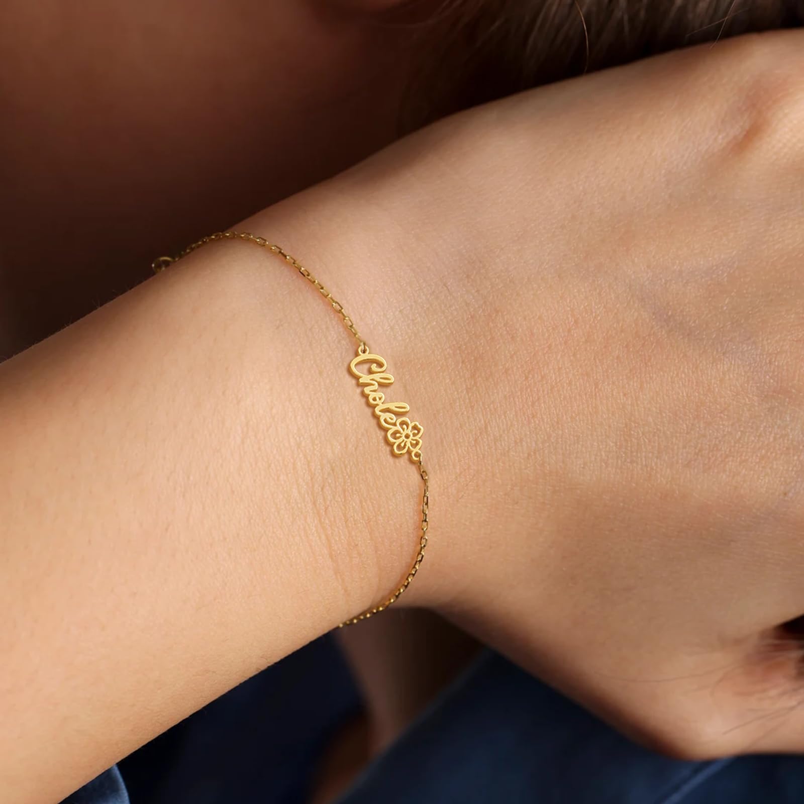 Elemtansy Custom Bracelet with Name and Birth Flower, Personalized Name Bracelets for Women, 18K Gold Plated Adjustable Charm Bracelet Personalized Birthday Gifts for Sister Mom