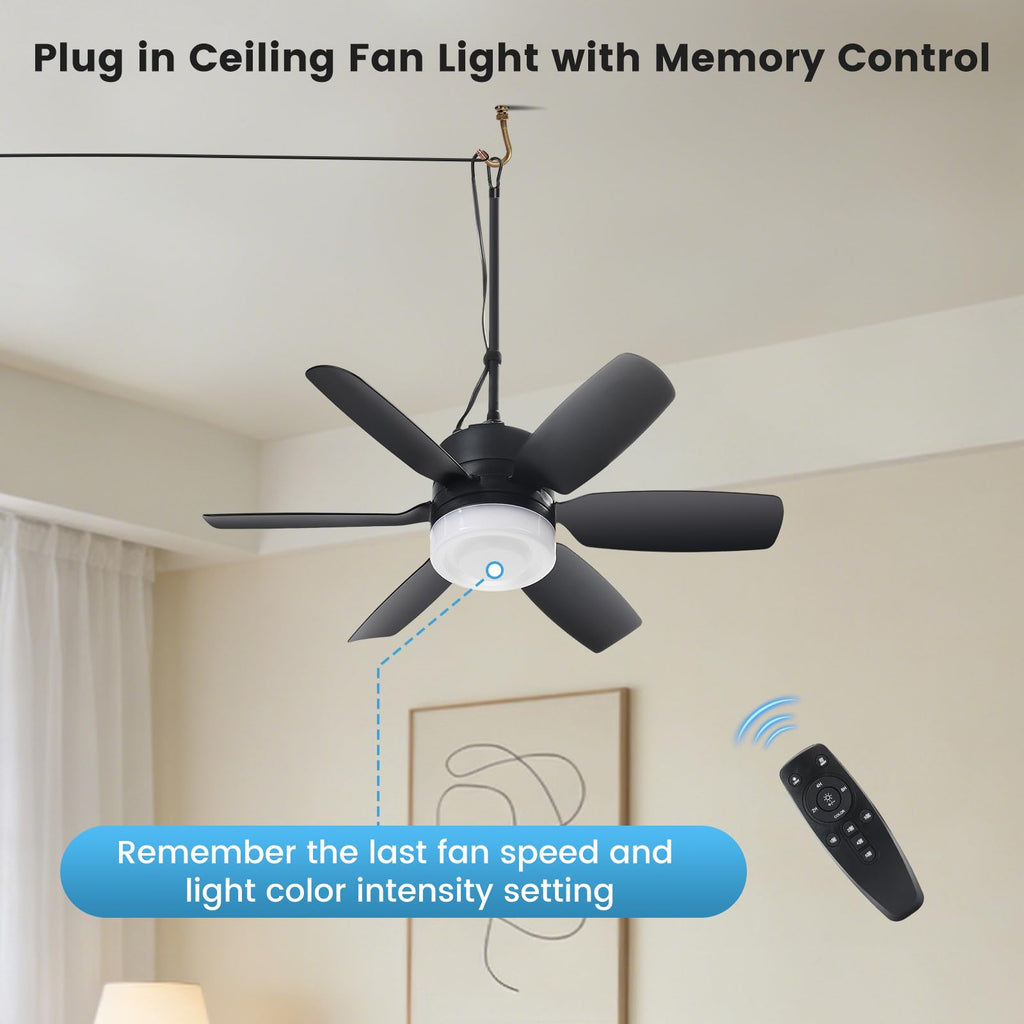 Fanspex 20.5'' Plug in Ceiling Fan with Light for Gazebo Patio Canopy Tent Porch RV, 5 Fan Speeds with Adjust Lighting & Remote Control (Black)