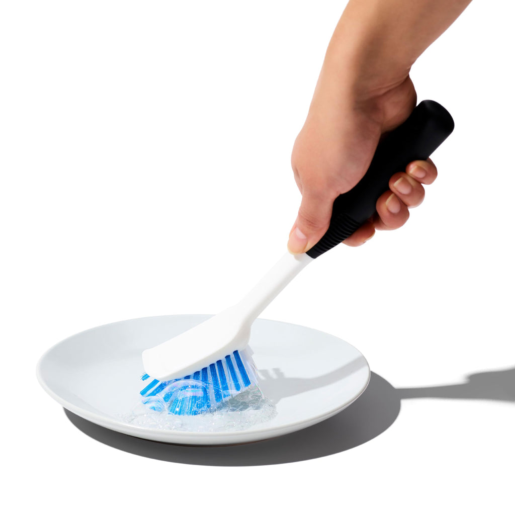 OXO Good Grips Dish Brush, Nylon Bristles with Built-in Scraper, Safe for Non-Stick Cookware, Non-Slip Handle, Dishwasher Safe