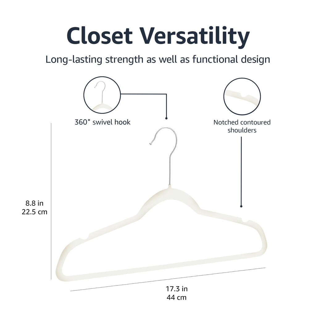 Amazon Basics Slim Velvet Non-Slip Space Saving Suit Clothes Hangers with Shoulder Notches for Closet Organization, Ivory/Silver, 50-Pack