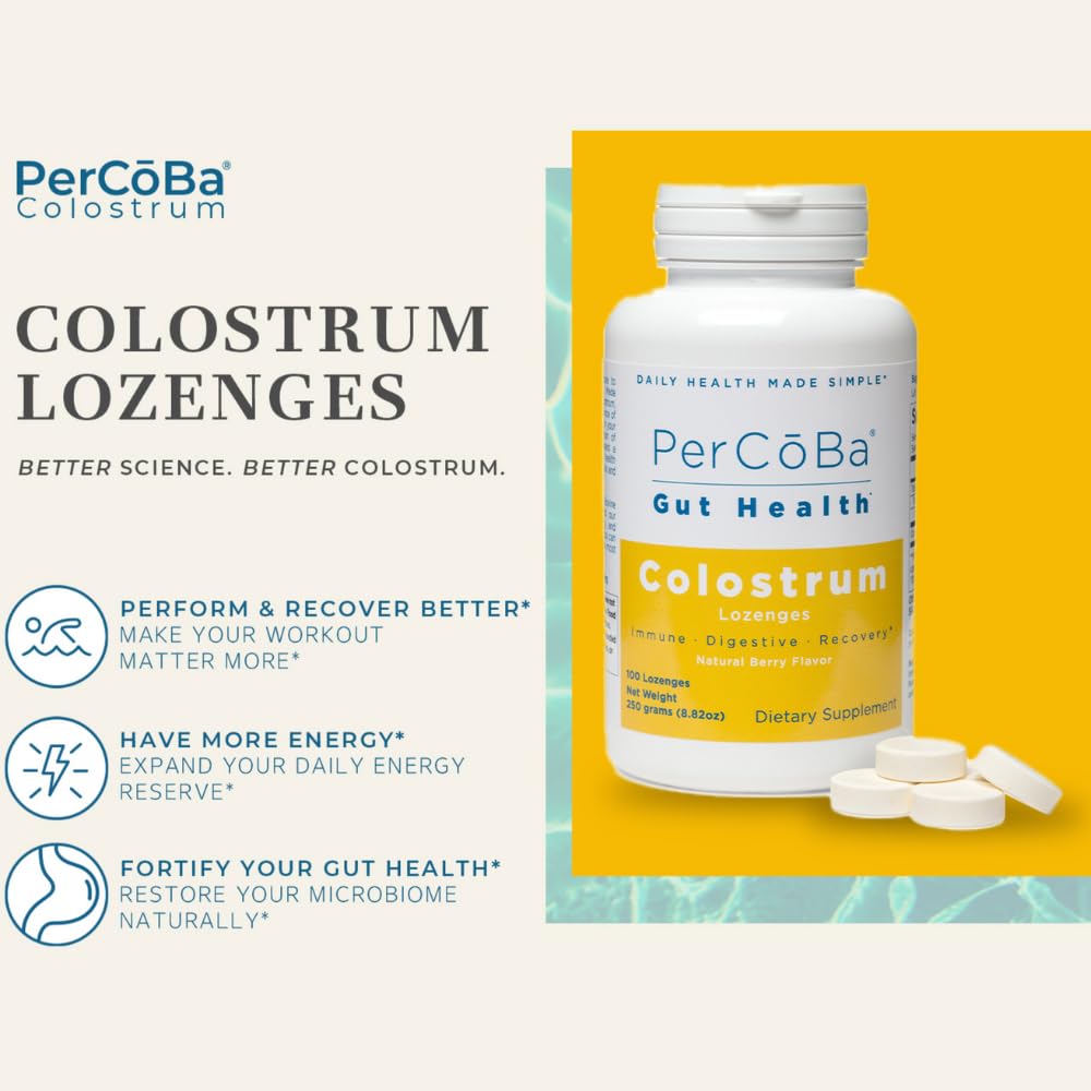 PERCOBA Bovine Colostrum Lozenges - 100 Count - First Milking Supplement - Improves Gut & Digestive Health - Immune Support & Workout Recovery - Made in the USA - Berry Flavored