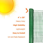 Ashman Plastic Mesh Fence, 4'x50' Feet, 1 Roll, Green, Construction Barrier Netting, Garden Fencing, Fences Wrap, Above Ground, for Snow, Poultry, Chicken, Deer, Patio, Garden Netting, Green 50FT.
