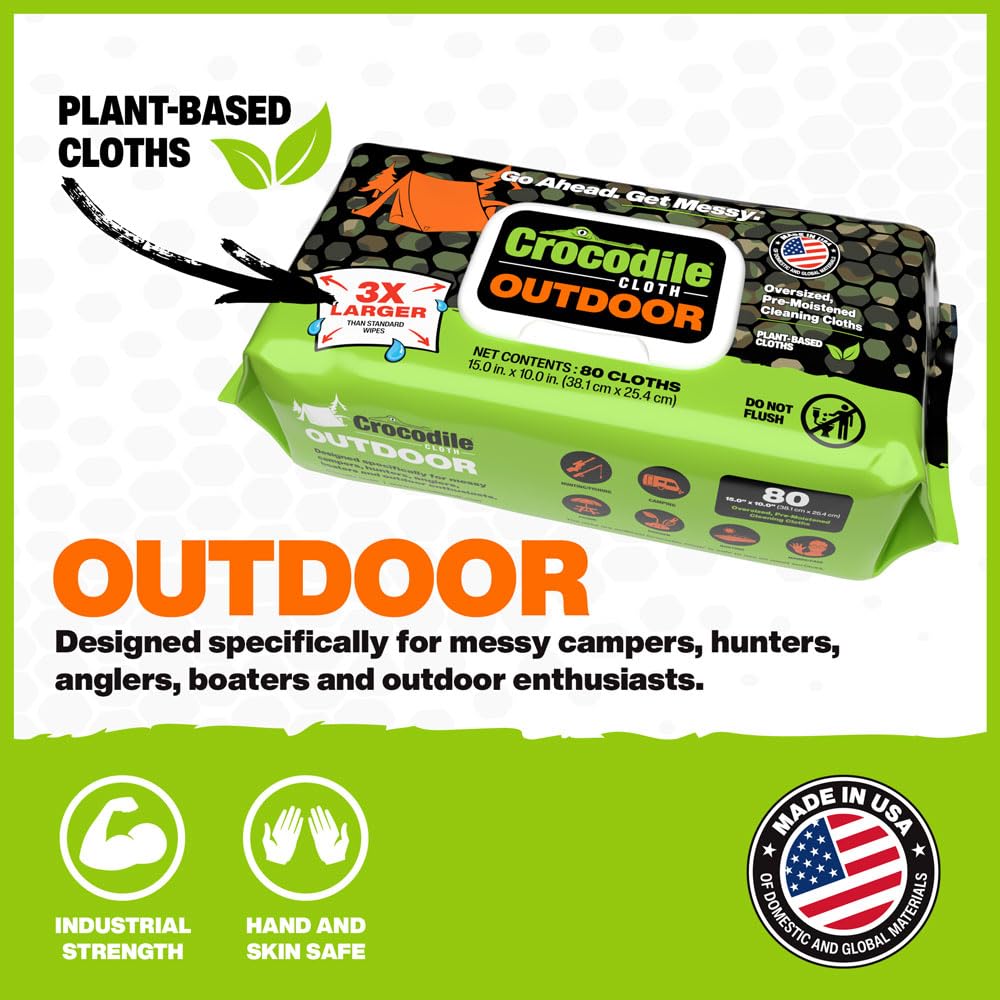 Crocodile Cloth Outdoor Plant-Based Skin Safe Cleaning Wipes, 80 Count