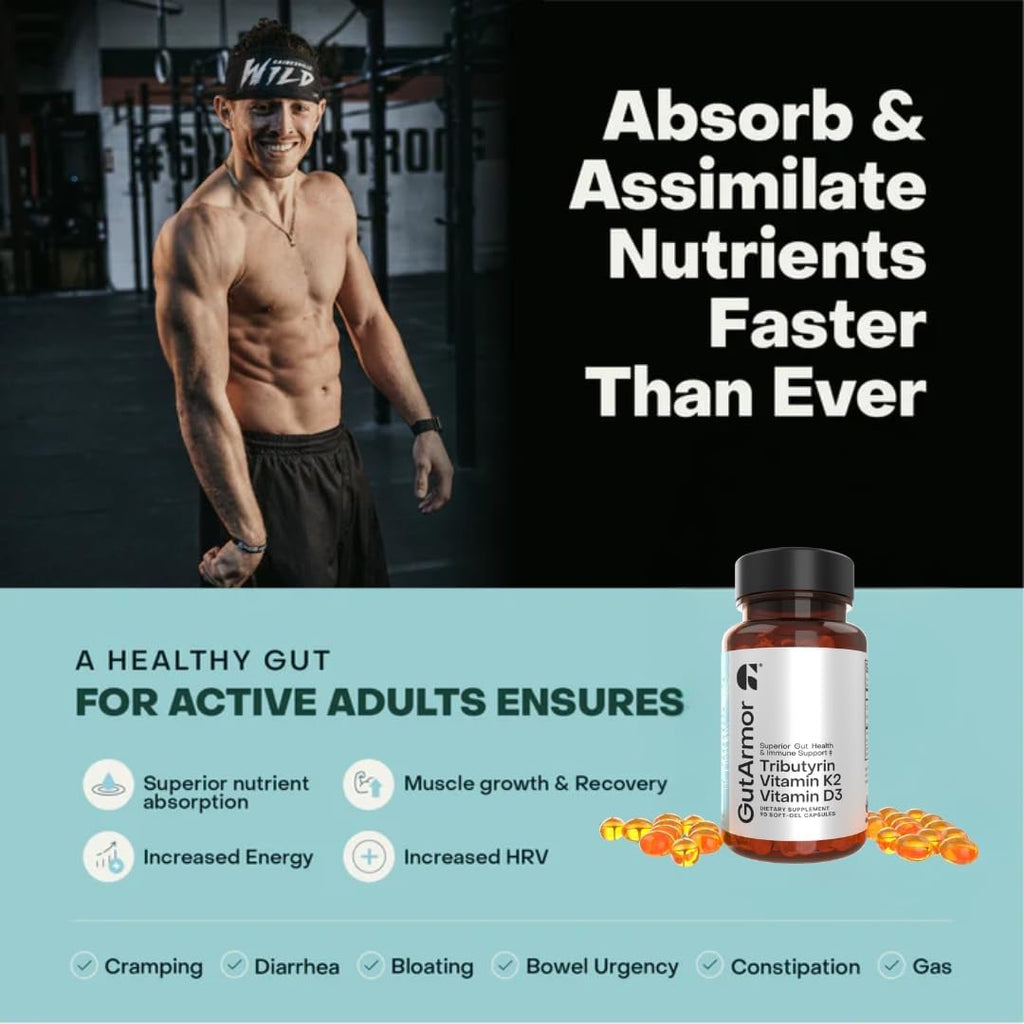 GutArmor Tributyrin Vitamin Complex, 180 Softgels, 350mg Butyrate with D3 3000IU & K2 120mcg, Gut Health Support