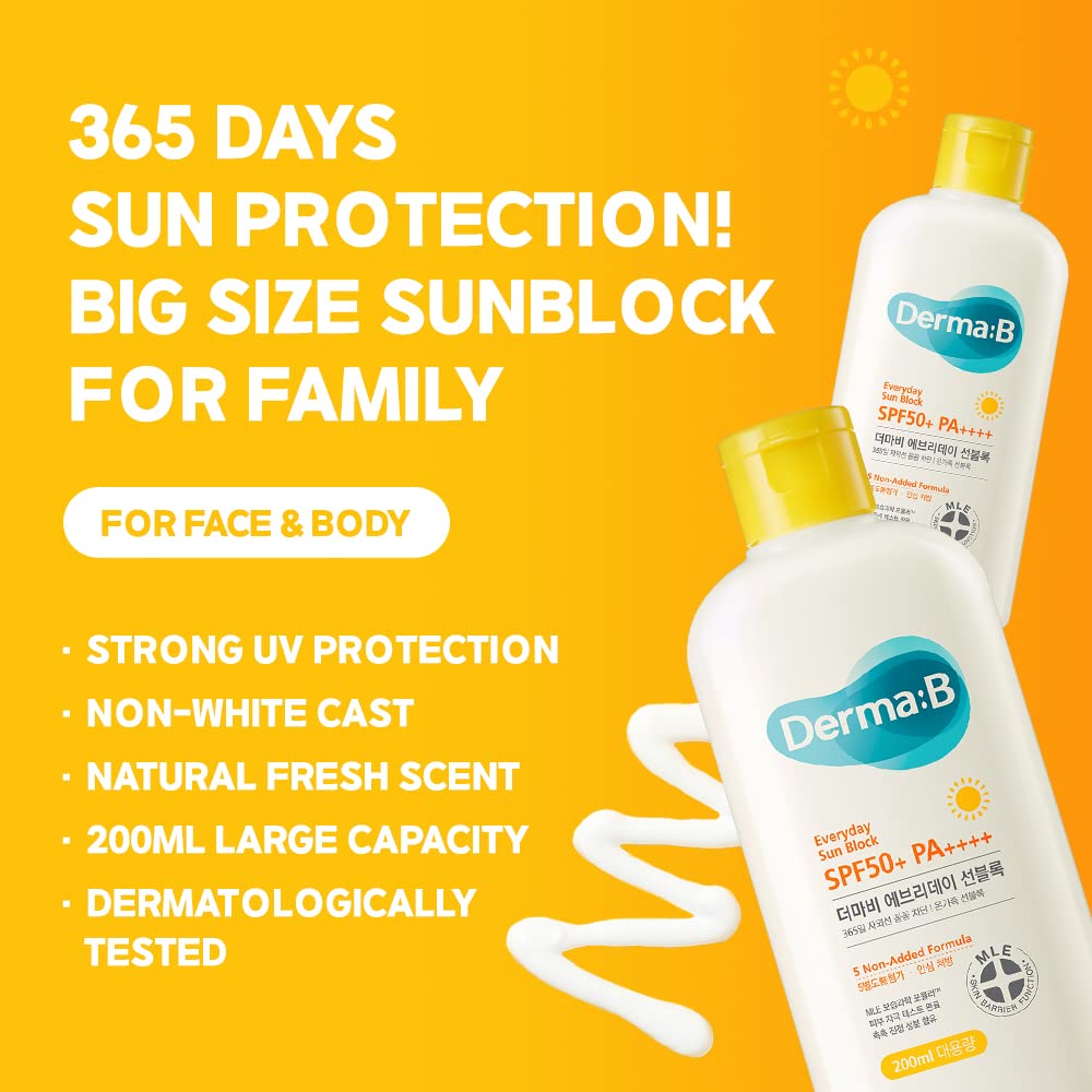 Derma B Everyday Sun Block Large Size Sunscreen SPF50+ PA++++ 6.71 Fl Oz, 200ml Fast-Absorbing Lightweight SPF Moisturizer, Facial Body Non-Sticky Sunscreen for Dewy Skin, Korean Sun Protection Lotion