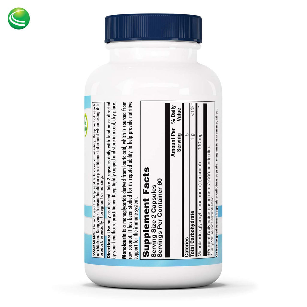 Nutra Biogenesis Monolaurin - Monolaurin Capsules, Coconut Monolaurin Support Supplement for Men & Women, 1000mg Per Serving for Adults - 120 Vegan Capsules