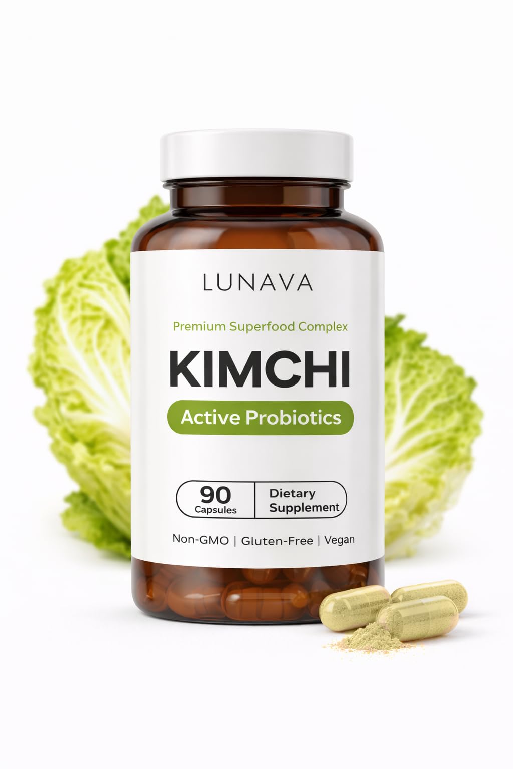 LUNAVA Kimchi Capsules with Prebiotics & Probiotics, Fermented Kimchi Superfood Supplement, Gut Health Supplements, One Complete Formula for Digestive and Immune Support, 90 Vegan Capsules