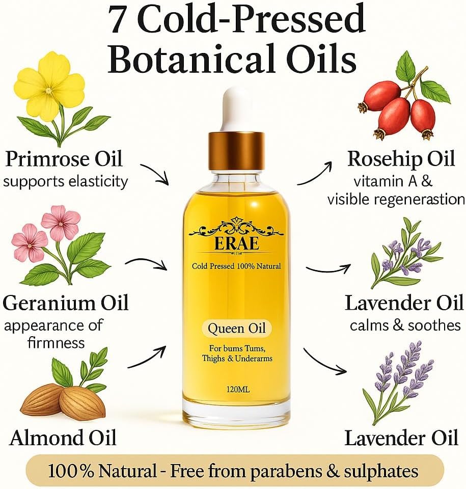 ERAE Queen Body Oil – Cold Pressed Botanical Blend for Hydrating & Firm-Looking Skin, Lightweight Fast-Absorbing Body Moisturizing Oil for Arms, Legs & Stomach