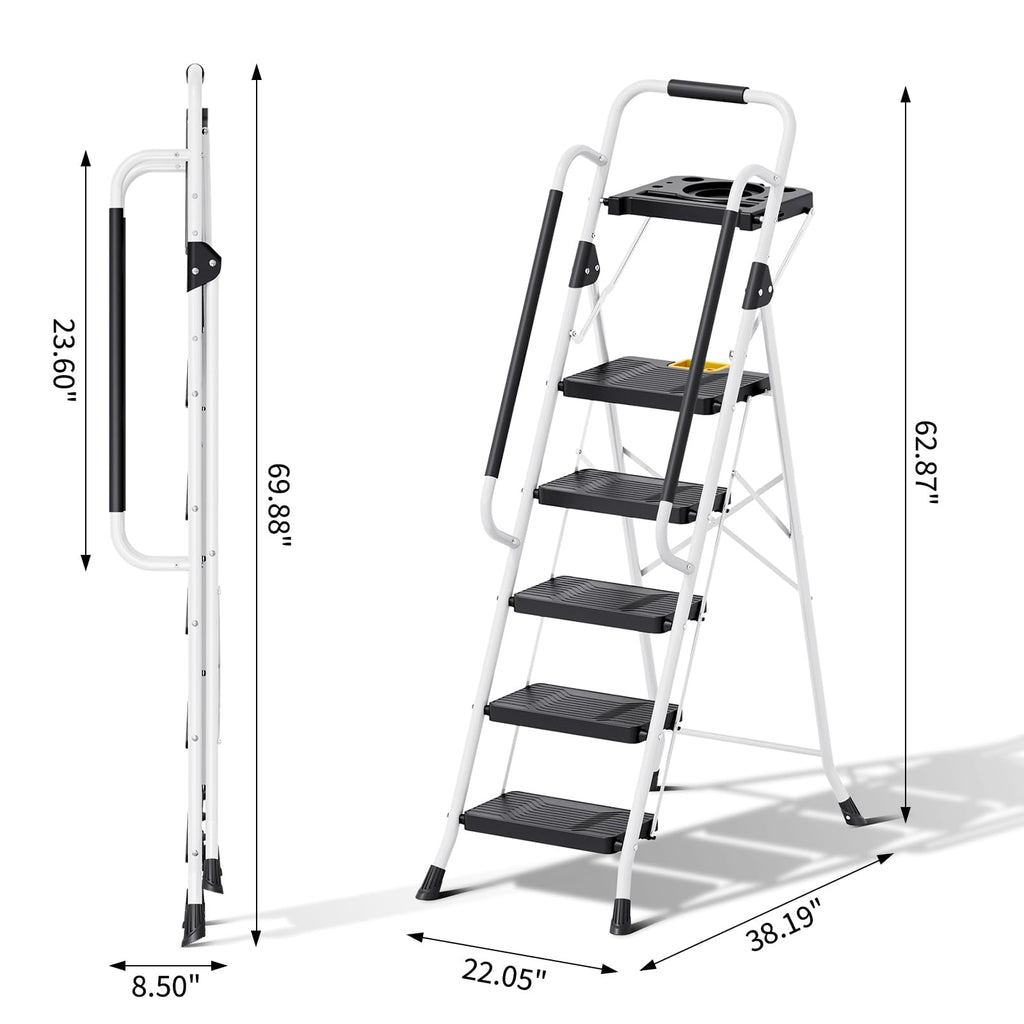 KINGRACK 5 Step Ladder, Step Stool 800 lbs Capacity with Safety Latch, Storage Tray, Handrail & Extra Wide Steps, Step Ladder 5 Step Folding for Home, Garden, Painting, Garage & Outdoor, White