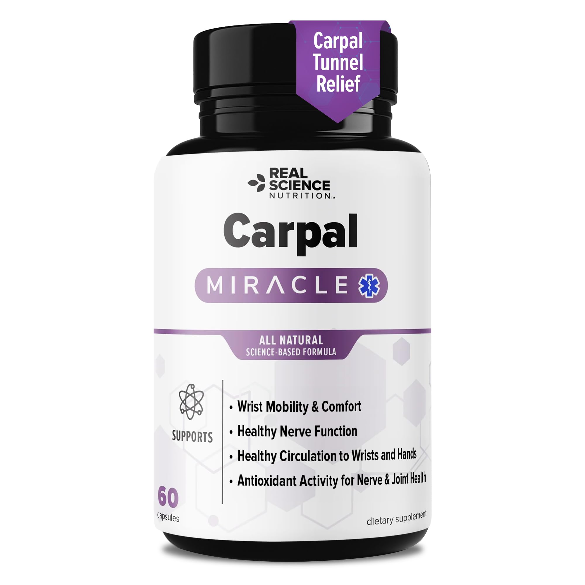 Real Science Carpal Miracle – All Natural Carpal Tunnel Relief & Wrist Support Supplement with Vitamins B6, B12, C, D, K + GABA – Hand & Nerve Comfort – Made in USA, 60 Caps