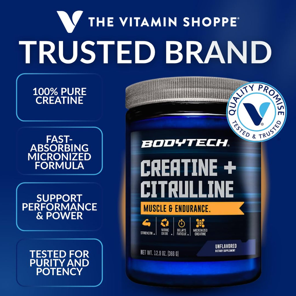 BodyTech Creatine + Citrulline Powder, Supports Strength, Pumps & Endurance, Pre Workout Supplement for Men & Women, Unflavored, 12.9 Oz, 30 Servings