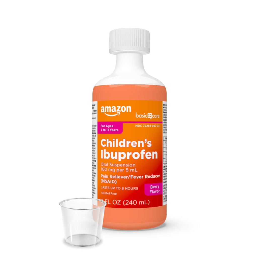 Amazon Basic Care Children's Ibuprofen Oral Suspension, 100 mg per 5 mL, Pain Reliever and Fever Reducer, Berry Flavor, for Sore Throat, Headache Relief and More, 8 fl oz (Pack of 2)