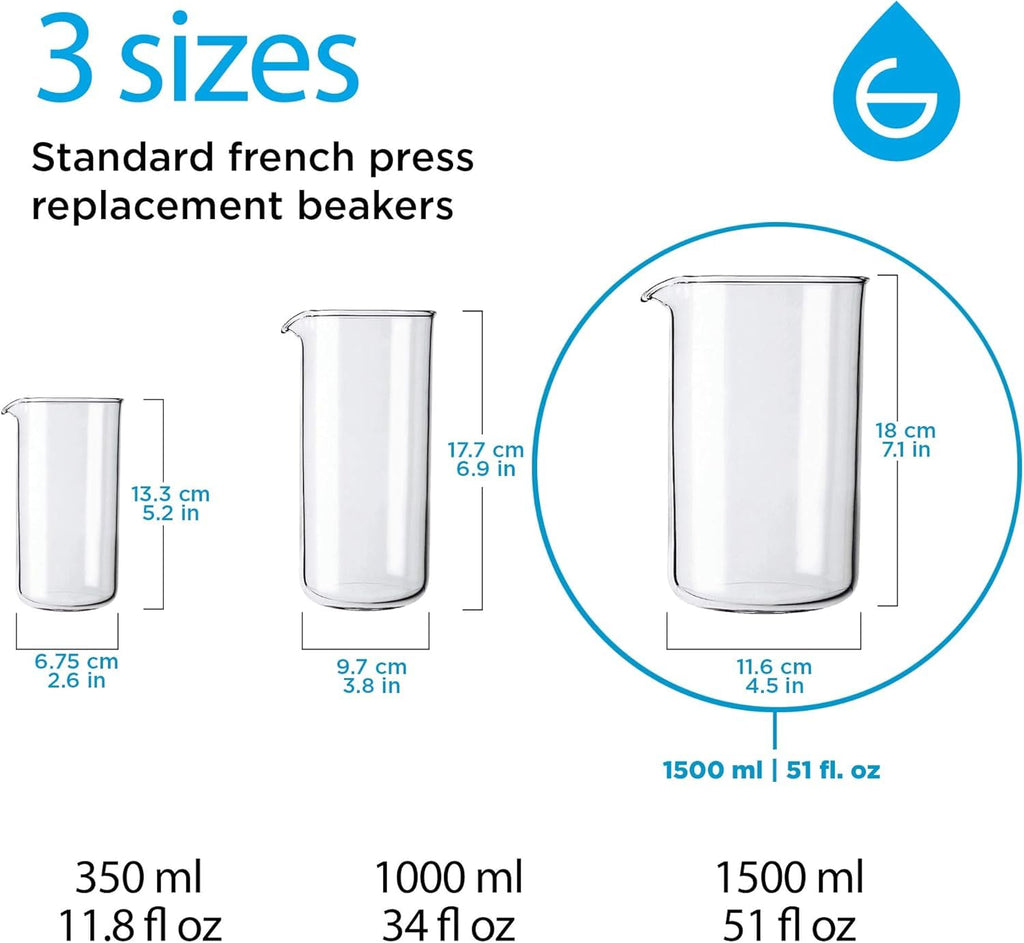 GROSCHE Borosilicate 3.3 Glass Universal Replacement Beaker for French Press Coffee and Tea Makers - (34.oz - Medium)