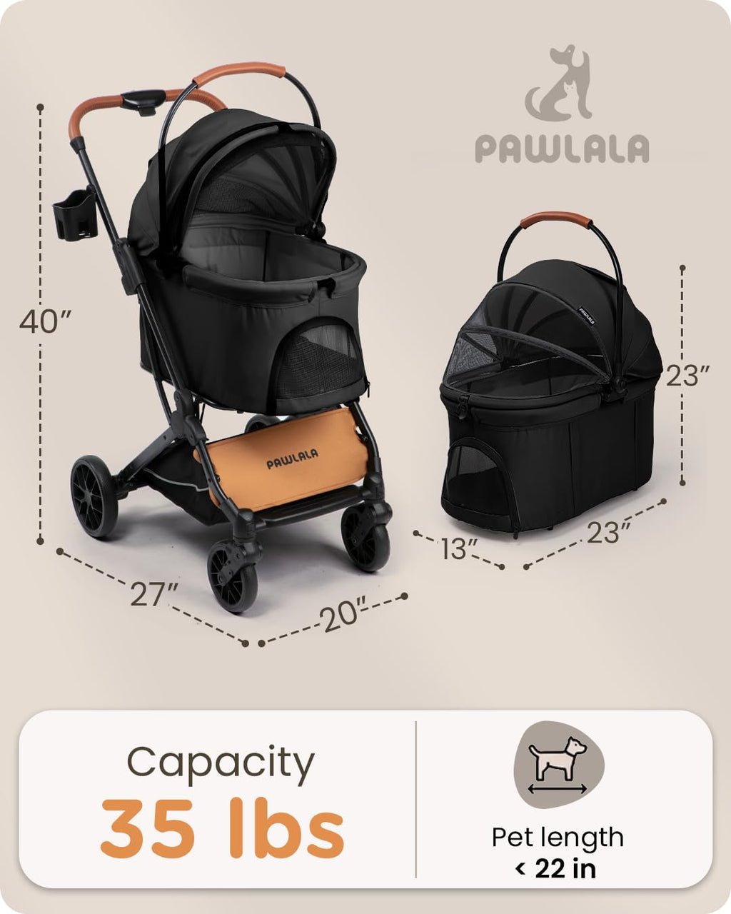 PAWLALA Pet Stroller with Detachable Carrier for Small & Medium Dogs & Cats, Smooth Comfort Ride with Shock-Absorbing Suspension, Foldable Dog Stroller, Compact Storage (Midnight Black)