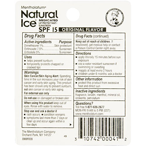 Mentholatum Natural Ice Original Medicated Lip Balm, Hydrating Lip Care for Dry, Chapped Lips, Moisturizing Formula with SPF 15 Helps Prevent Sunburn, Protection for Smooth, Soft Lips (Pack of 12)