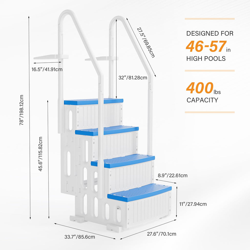 VINGLI Pool Ladder Heavy-Duty Safety Step for Above Ground Pools Stair Entry System with Handrails, White and Grey (White & Blue, 4 Steps)