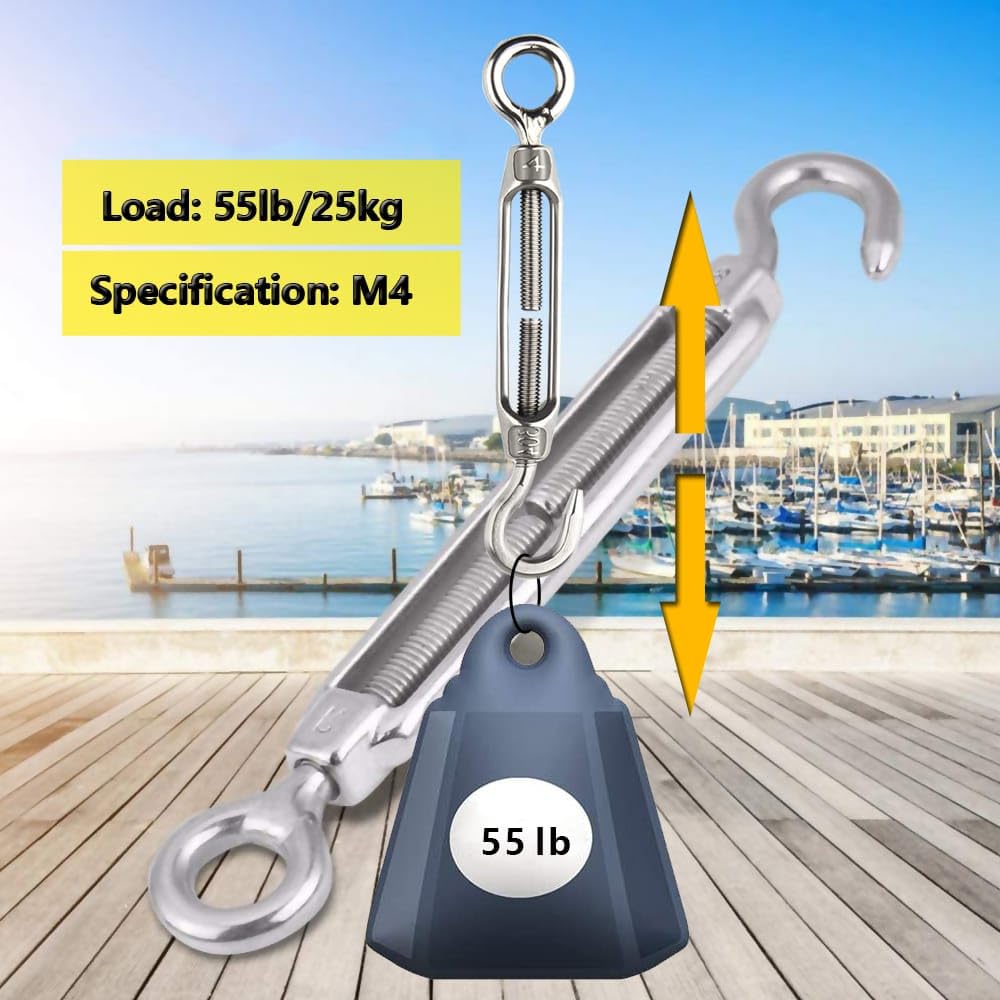 Turnbuckle Lsqurel 10PCS 304 Stainless Steel Turnbuckle Hook and Eye Heavy Duty M4 M6 M8 M10 Tensioner Adjustable Shade Sail Hardware for Tightening up Metal Cable Wire 5/32 1/4 5/16 3/8