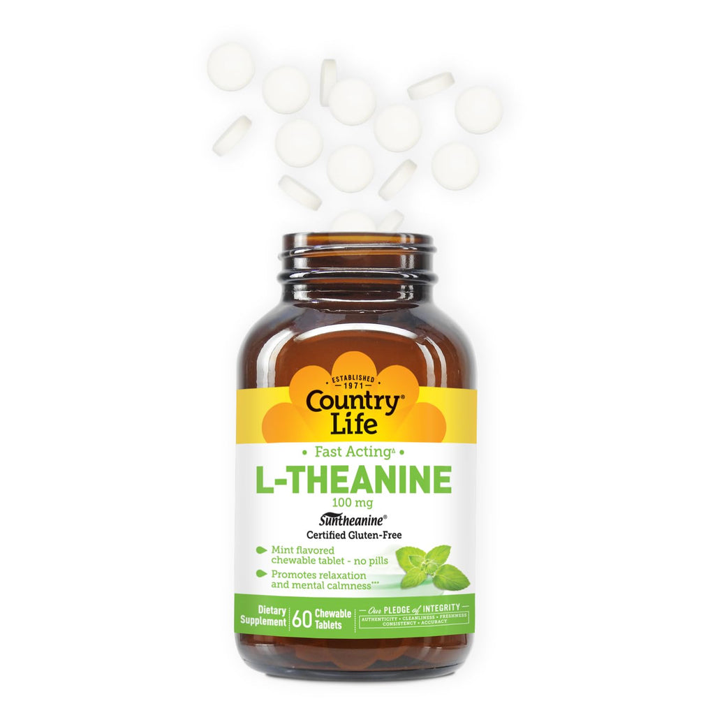 Country Life L-Theanine Fast-Acting 100mg, 60 Chewable Tablets, Mint- Flavored, Certified Gluten Free, Certified Vegan