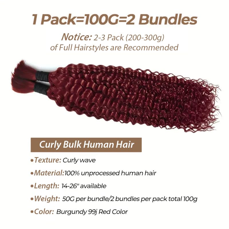 99J Human Braiding Hair 30 Inch Deep Curly Bulk Human Hair for Braiding 2 Bundles 100G No Weft Brazilian Virgin Water Wave Bohemian Braiding Hair Extensions for Boho Knotless Braids 99J Burgundy Micro