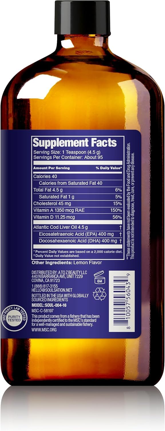 SOULSATION Icelandic Cod Liver Oil Liquid, Lemon (16oz - Pack of 2) - Vitamins A & D, EPA & DHA - Helps Vision, Skin Membranes & Immune Function - MSC Certified, Non-GMO