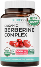 PURE CO Certified Organic Berberine Supplement Capsules - High Strength Berberine Complex with Organic Barberry Extract Providing 1000mg per Serving - NSF Lab Verified Vegan & Non-GMO (30 Servings)