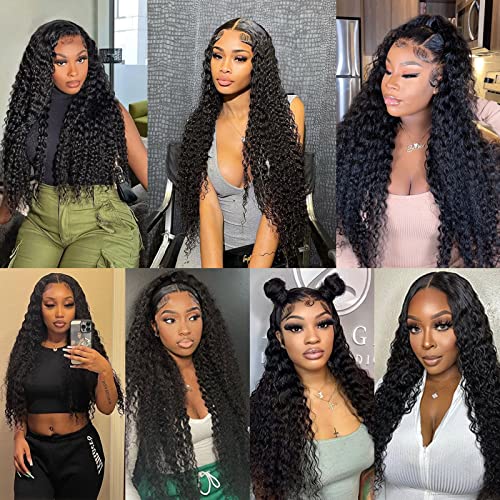 28Inch Deep Wave Lace Front Wigs Human Hair-13x4 HD Transparent Deep Wave Frontal Wigs Glueless Curly Wigs for Women 180% Density Curly Lace Front Wigs Human Hair Pre Plucked with Baby Hair