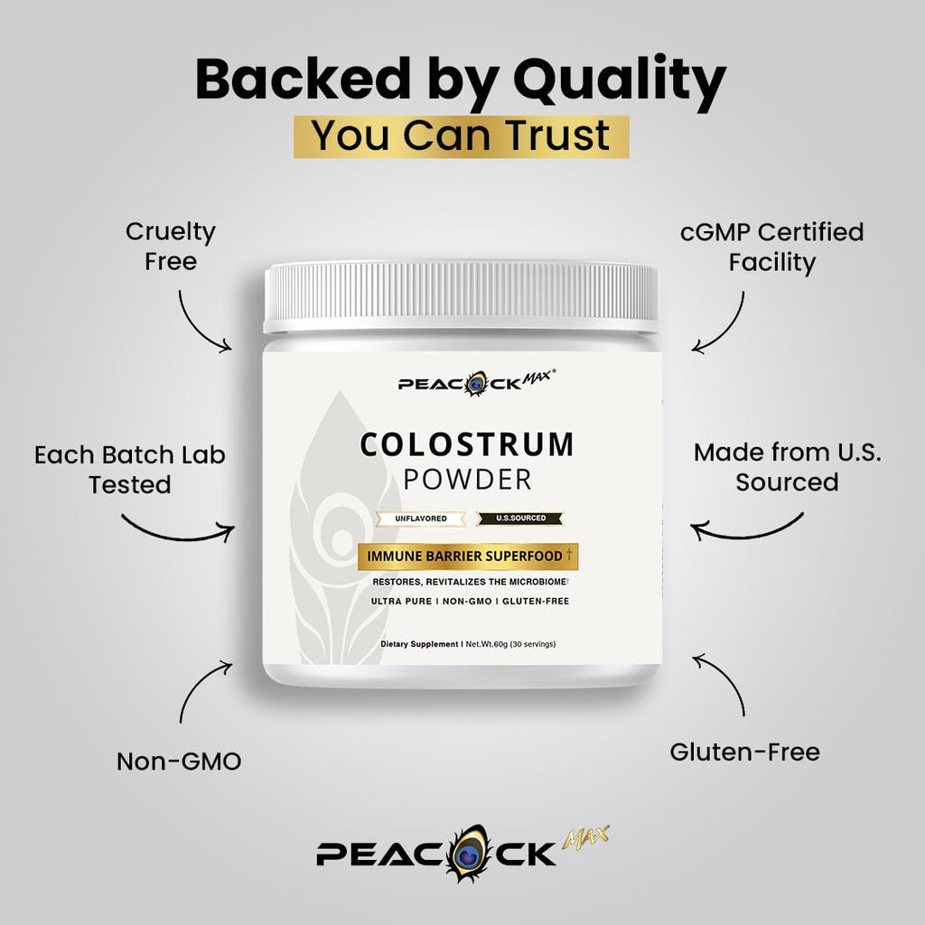 Peacock Max Colostrum Powder – 60g (30 Servings), Unflavored Bovine Colostrum Supplement, Superfood for Hair, Skin & Gut Health, Gluten-Free, Non-GMO
